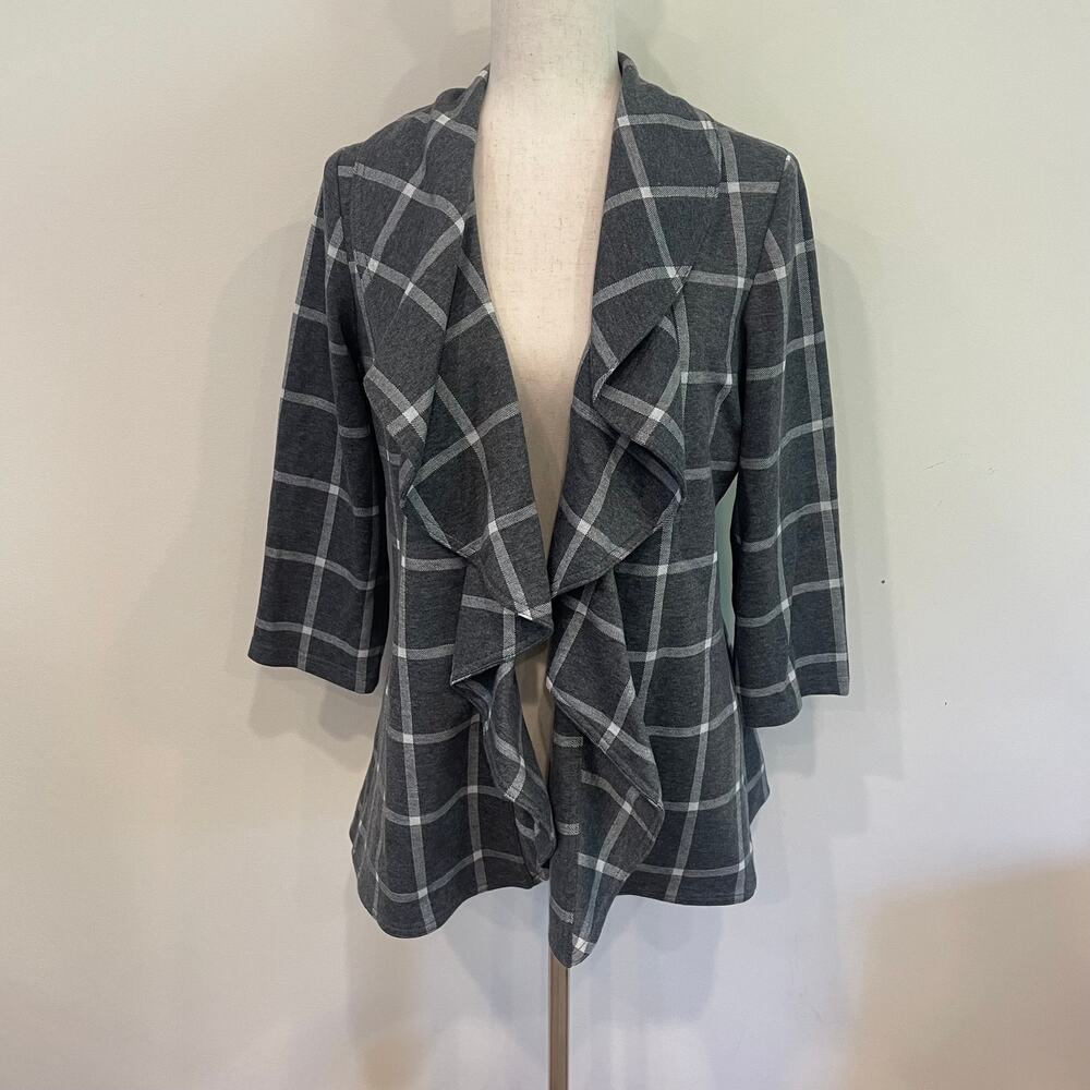 Calvin Klein Gray/White Plaid Ruffle Open Front Jacket Sz 4